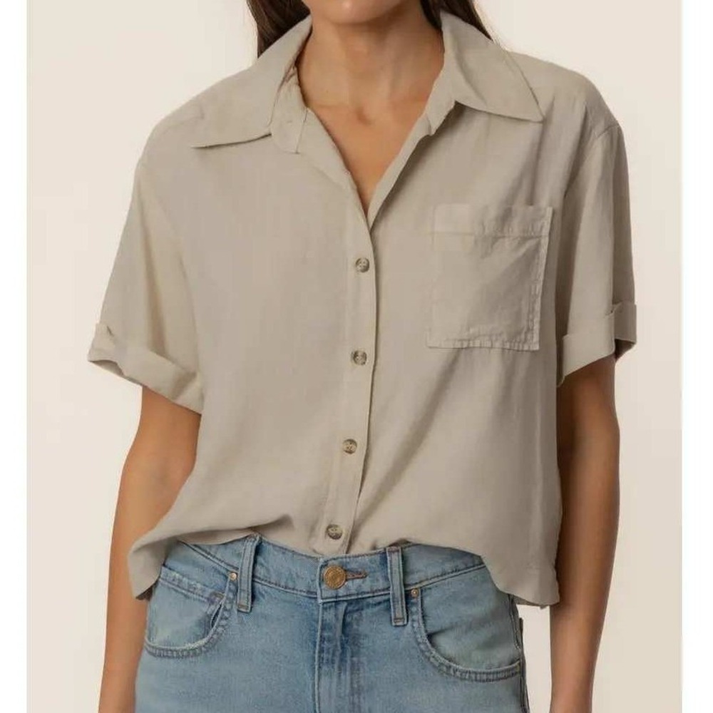 KUT From The Kloth Womens Aida Linen Blend Button Up Shirt Sand Effortless Chic